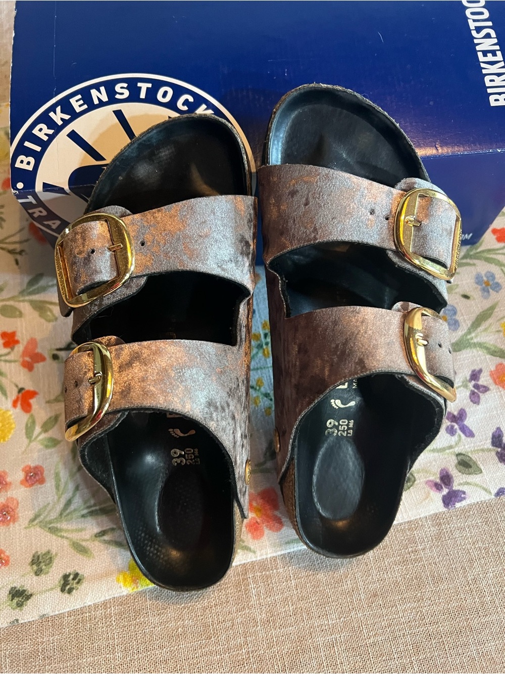 Birkenstock Metallic Beige Velvet Double Strap Sandals with Gold Buckles